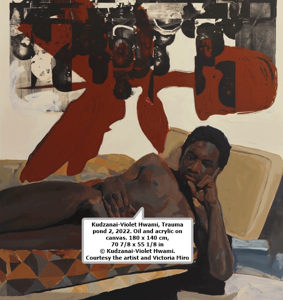 Kudzanai-Violet Hwami, Trauma pond 2, 2022. Oil and acrylic on canvas. 180 x 140 cm, 70 7/8 x 55 1/8 in © Kudzanai-Violet Hwami. Courtesy the artist and Victoria Miro