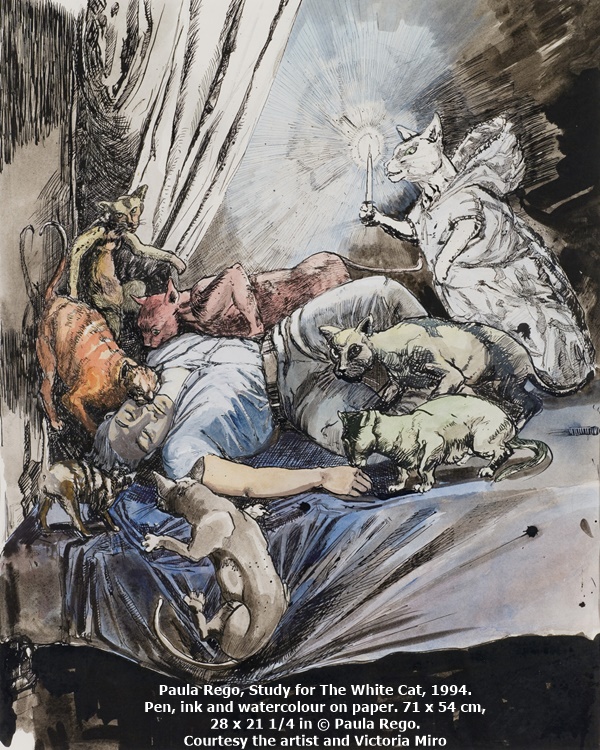 Paula Rego, Study for The White Cat, 1994. Pen, ink and watercolour on paper. 71 x 54 cm, 28 x 21 1/4 in © Paula Rego. Courtesy the artist and Victoria Miro