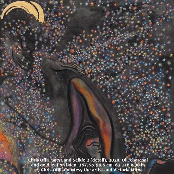 Chris Ofili, Satyr and Selkie 2 (detail), 2020. Oil, charcoal and gold leaf on linen. 157.5 x 96.5 cm, 62 1/8 x 38 in © Chris Ofili. Courtesy the artist and Victoria Miro