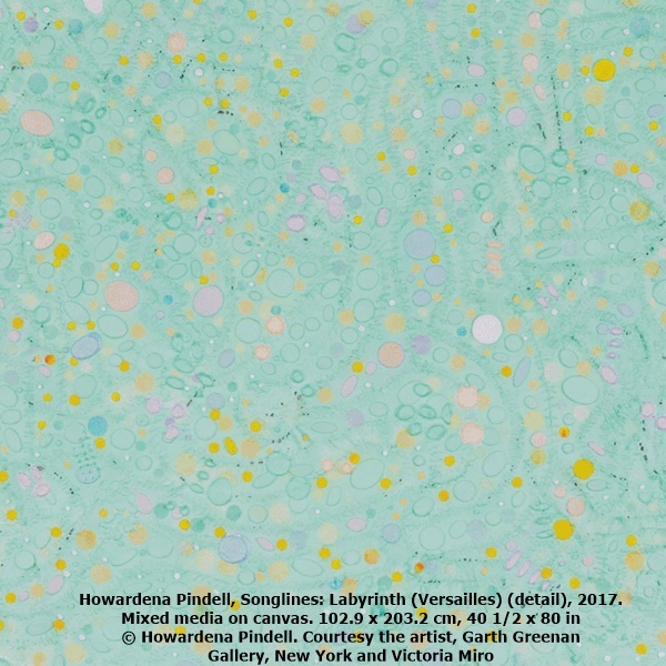 Howardena Pindell, Songlines: Labyrinth (Versailles) (detail), 2017. Mixed media on canvas. 102.9 x 203.2 cm, 40 1/2 x 80 in © Howardena Pindell. Courtesy the artist, Garth Greenan Gallery, New York and Victoria Miro