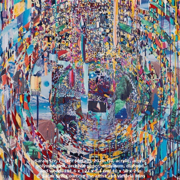 Sarah Sze, Flicker (detail), 2020. Oil, acrylic, acrylic polymers, ink, archival paper, aluminum, diabond, and wood. 101.6 x 127 x 5.1 cm, 40 x 50 x 2 in © Sarah Sze. Courtesy the artist and Victoria Miro