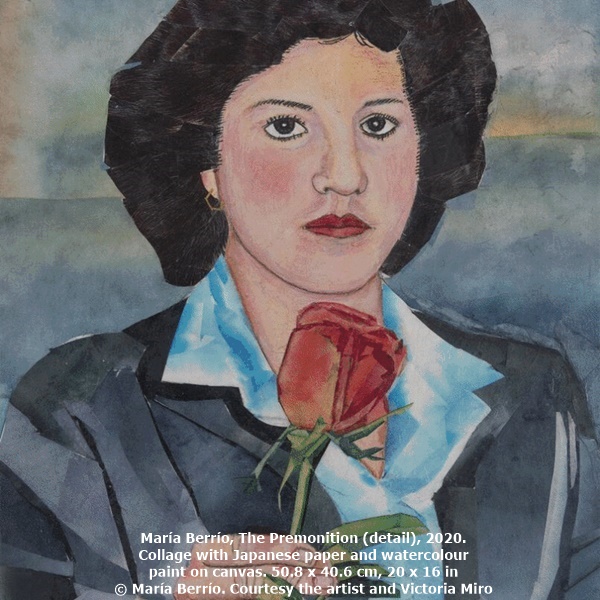 María Berrío, The Premonition (detail), 2020. Collage with Japanese paper and watercolour paint on canvas. 50.8 x 40.6 cm, 20 x 16 in © María Berrío. Courtesy the artist and Victoria Miro
