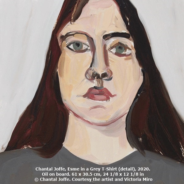 Chantal Joffe, Esme in a Grey T-Shirt (detail), 2020. Oil on board. 61 x 30.5 cm, 24 1/8 x 12 1/8 in © Chantal Joffe. Courtesy the artist and Victoria Miro
