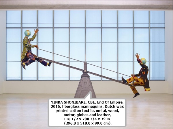 YINKA SHONIBARE, CBE, End Of Empire, 2016, fiberglass mannequins, Dutch wax printed cotton textile, metal, wood, motor, globes and leather, 116 1/2 x 200 3/4 x 39 in. (296.0 x 510.0 x 99.0 cm)
