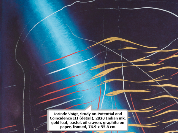 Jorinde Voigt, Study on Potential and Coincidence III (detail), 2020 
Indian ink, gold leaf, pastel, oil crayon, graphite on paper, framed, 76.9 x 55.8 cm