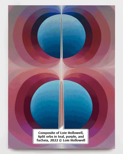Composite of Loie Hollowell, Split orbs in teal, purple, and fuchsia, 2022 © Loie Hollowell