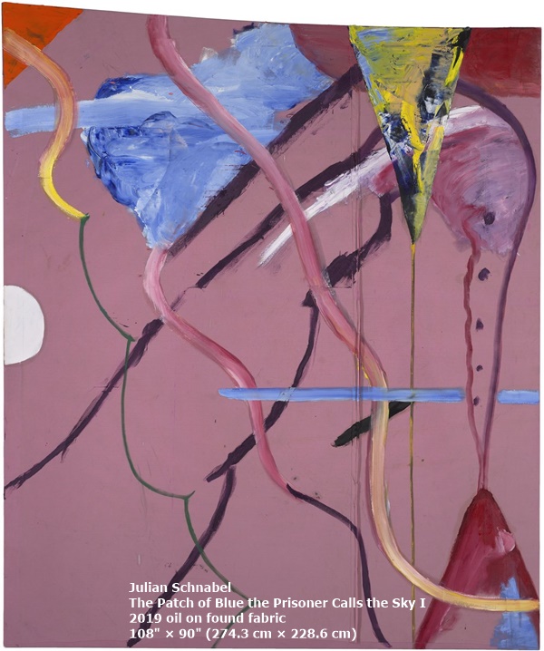 Julian Schnabel
The Patch of Blue the Prisoner Calls the Sky I
2019
oil on found fabric
108 × 90 (274.3 cm × 228.6 cm)