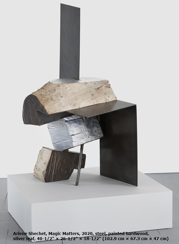 Arlene Shechet, Magic Matters, 2020, steel, painted hardwood, silver leaf, 40-1/2 × 26-1/2 × 18-1/2 (102.9 cm × 67.3 cm × 47 cm)