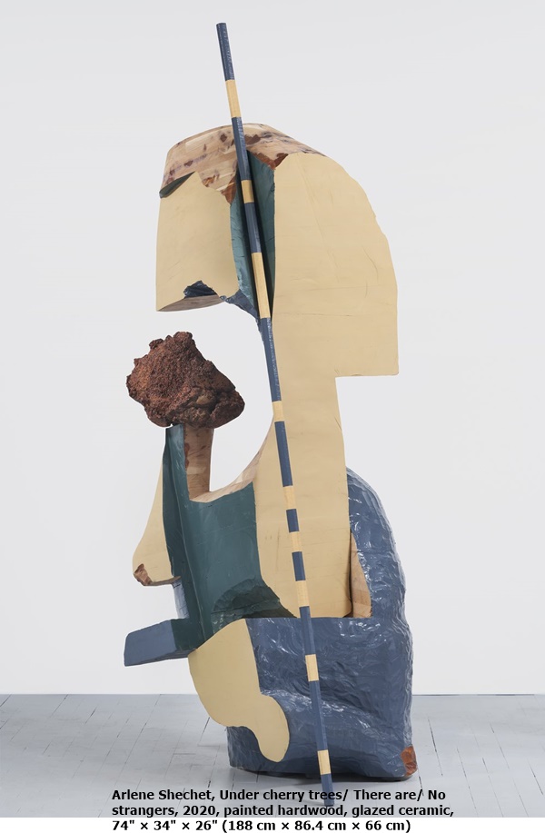 Arlene Shechet, Under cherry trees/ There are/ No strangers, 2020, painted hardwood, glazed ceramic, 74 × 34 × 26 (188 cm × 86.4 cm × 66 cm)