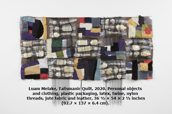 Luam Melake, Talismanic Quilt, 2020. Personal objects and clothing, plastic packaging, latex, twine, nylon threads, jute fabric and leather, 36 ½ × 54 × 2 ½ inches (92.7 × 137 × 6.4 cm).