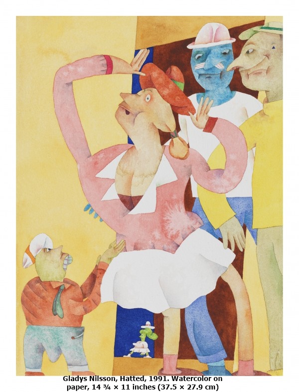Gladys Nilsson, Hatted, 1991. Watercolor on paper, 14 ¾ × 11 inches (37.5 × 27.9 cm).