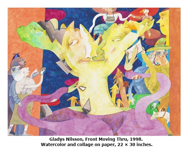 Gladys Nilsson, Front Moving Thru, 1998. Watercolor and collage on paper, 22 × 30 inches.