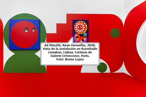 Ad Minoliti, Nave Vermelhe, 2020. Vista de la instalación en Kunsthalle Lissabon, Lisboa. Cortesía de Galerie Crèvecoeur, París. Foto: Bruno Lopes
