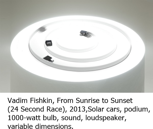 Vadim Fishkin, From Sunrise to Sunset (24 Second Race), 2013,

Solar cars, podium, 1000-watt bulb, sound, loudspeaker, variable dimensions.