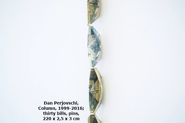 Dan Perjovschi, Column, 1999-2016; thirty bills, pins, 220 x 2,5 x 3 cm