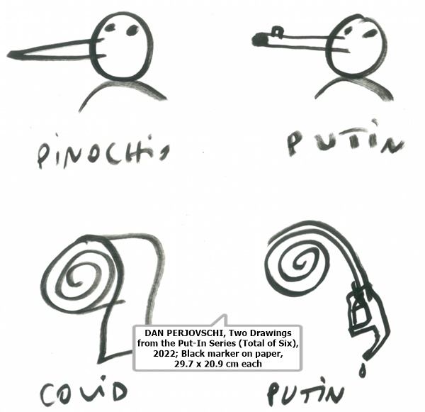 DAN PERJOVSCHI, Two Drawings from the Put-In Series (Total of Six), 2022; Black marker on paper, 29.7 x 20.9 cm each