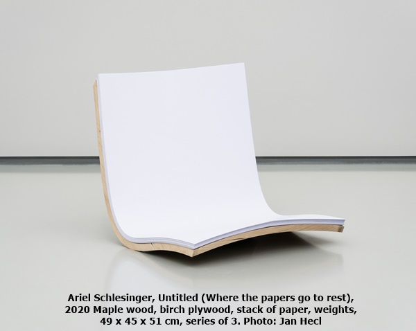 Ariel Schlesinger, Untitled (Where the papers go to rest), 2020

Maple wood, birch plywood, stack of paper, weights, 49 x 45 x 51 cm, series of 3. Photo: Jan Hecl
