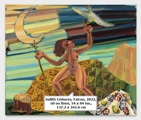 Judith Linhares, Falcon, 2022, oil on linen, 54 x 64 ins., 137.2 x 162.6 cm
