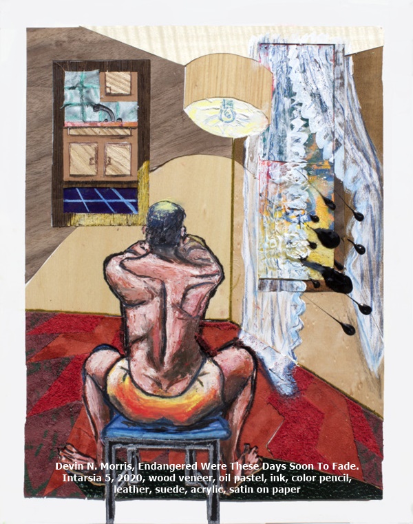 Devin N. Morris, Endangered Were These Days Soon To Fade. Intarsia 5, 2020, wood veneer, oil pastel, ink, color pencil, leather, suede, acrylic, satin on paper