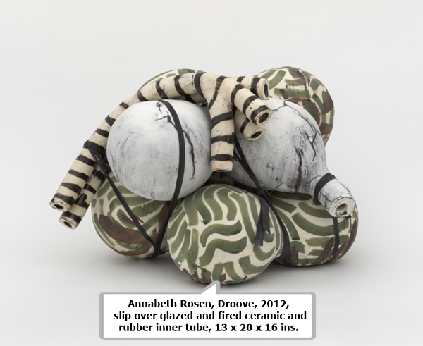 Annabeth Rosen, Droove, 2012, slip over glazed and fired ceramic and rubber inner tube, 13 x 20 x 16 ins.
