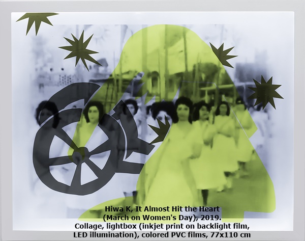 Hiwa K, It Almost Hit the Heart (March on Women's Day), 2019.
Collage, lightbox (inkjet print on backlight film, LED illumination), colored PVC films, 77x110 cm