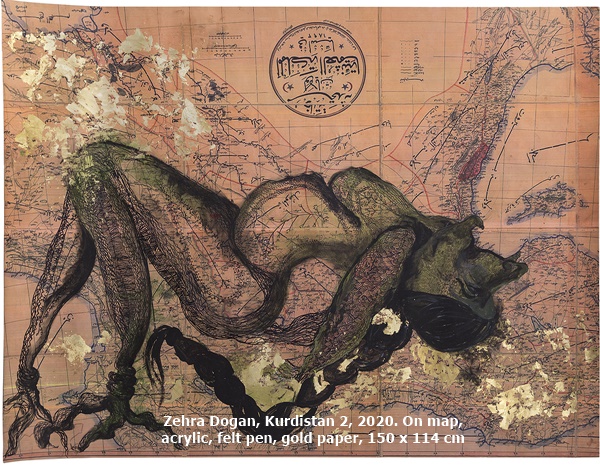 Zehra Doğan, Kurdistan 2, 2020. On map, acrylic, felt pen, gold paper, 150 x 114 cm