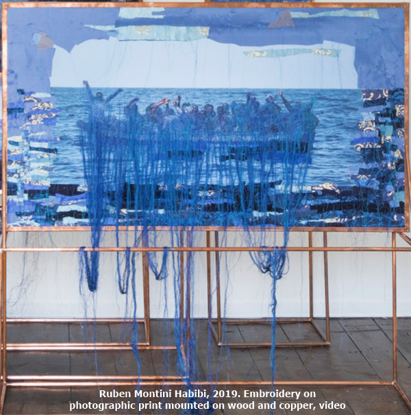 Ruben Montini
Habibi, 2019. Embroidery on photographic print mounted on wood and copper, video