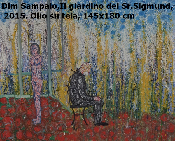 Dim Sampaio, Il giardino del Sr. Sigmund, 2015. Olio su tela, 145x180 cm