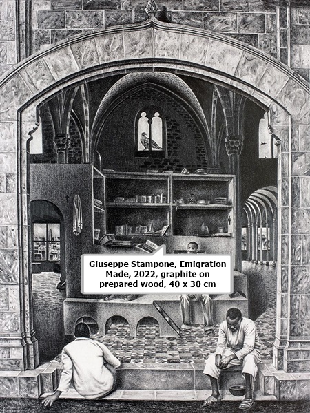 Giuseppe Stampone, Emigration Made, 2022, graphite on prepared wood, 40 x 30 cm 