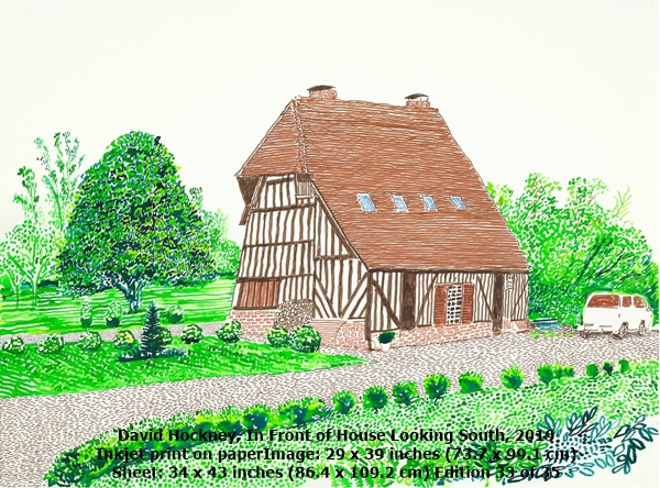 David Hockney, In Front of House Looking South, 2019
Inkjet print on paper
Image: 29 x 39 inches (73.7 x 99.1 cm)
Sheet: 34 x 43 inches (86.4 x 109.2 cm)
Edition 33 of 35
