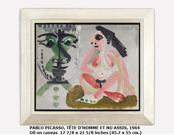 PABLO PICASSO, TÊTE D’HOMME ET NU ASSIS, 1964
Oil on canvas  17 7/8 x 21 5/8 inches (45.7 x 55 cm.)
