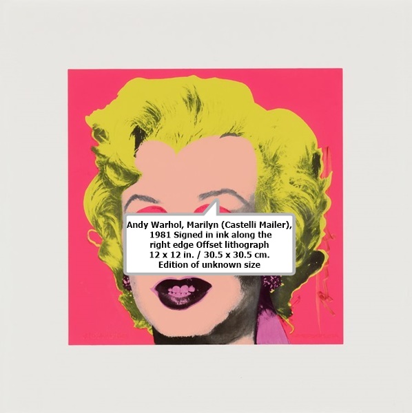 

Andy Warhol

Marilyn (Castelli Mailer), 1981

Signed in ink along the right edge

Offset lithograph

12 x 12 in. / 30.5 x 30.5 cm.

Edition of unknown size

USD $16,500 | CAD $12,500
