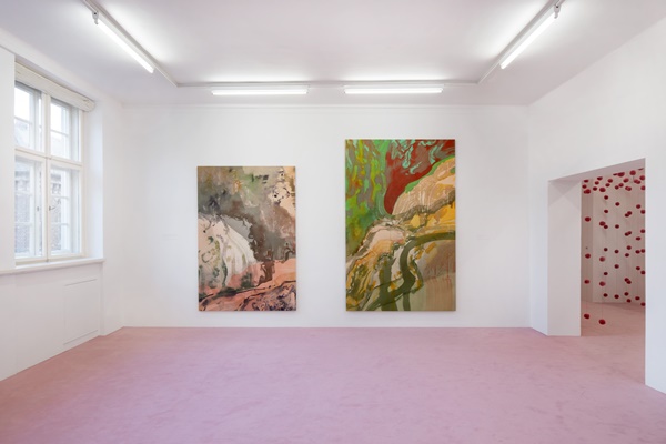Installation view: Matthew Lutz-Kinoy. Window to the Clouds; Salon Berlin, Museum Frieder Burda Matthew Lutz-Kinoy, Vue du torrent du Valentin dans le parc des Buttes Chaumont au sud, 2020. Acrylic on canvas, 197 x 138 cm; Capriccio à Paris, 2020. Acrylic on canvas, 160 x 250 cm. Courtesy of the artist and Mendes Wood DM São Paulo, New York and Brussels; An opening of the field, 2020. Wool. Courtesy of the artist; Photo: Thomas Bruns