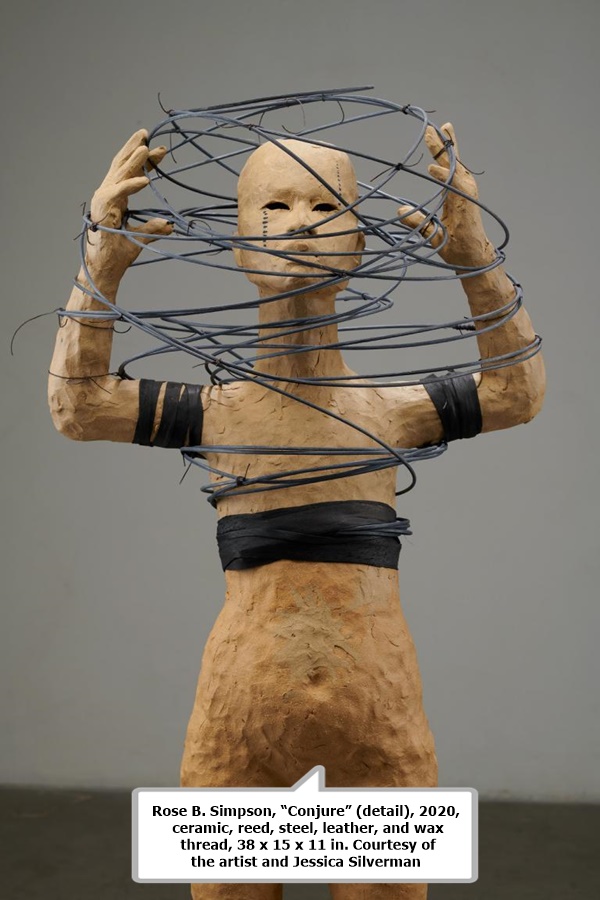 Rose B. Simpson, “Conjure” (detail), 2020, ceramic, reed, steel, leather, and wax thread, 38 x 15 x 11 in. Courtesy of the artist and Jessica Silverman.
