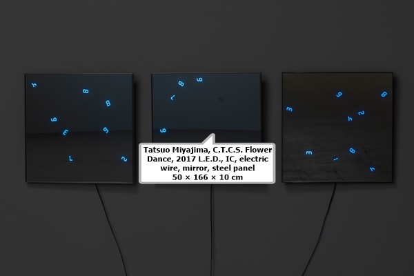 Tatsuo Miyajima, C.T.C.S. Flower Dance, 2017
L.E.D., IC, electric wire, mirror, steel panel
50 × 166 × 10 cm