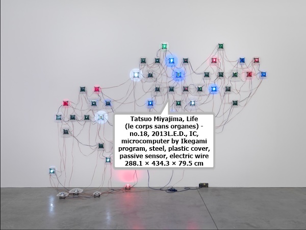Tatsuo Miyajima, Life (le corps sans organes) - no.18, 2013
L.E.D., IC, microcomputer by Ikegami program, steel, plastic cover, passive sensor, electric wire
288.1 × 434.3 × 79.5 cm