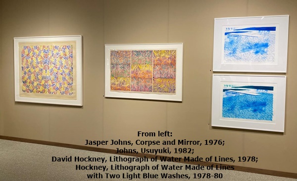 From left: Jasper Johns, Corpse and Mirror, 1976; Johns, Usuyuki, 1982; David Hockney, Lithograph of Water Made of Lines, 1978; Hockney, Lithograph of Water Made of Lines with Two Light Blue Washes, 1978-80