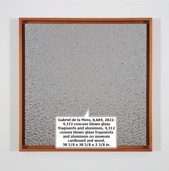 Gabriel de la Mora, 8,684, 2022. 4,372 concave blown glass fragments and aluminum, 4,312 convex blown glass fragments and aluminum on museum cardboard and wood, 38 5/8 x 38 5/8 x 2 3/8 in.
