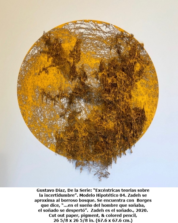 Gustavo Díaz, De la Serie: “Excéntricas teorias sobre la incertidumbre”. Modelo Hipotético 04. Zadeh se aproxima al borroso bosque. Se encuentra con  Borges que dice, “…en el sueño del hombre que soñaba, el soñado se despertó”.  Zadeh es el soñado., 2020.

Cut out paper, pigment, & colored pencil, 26 5/8 x 26 5/8 in. (67.6 x 67.6 cm.)

