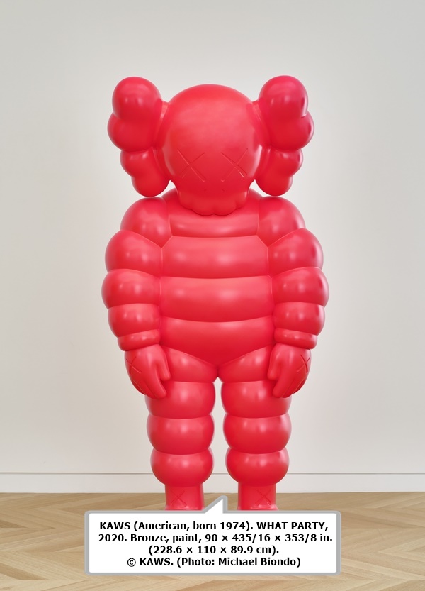 KAWS (American, born 1974). WHAT PARTY, 2020. Bronze, paint, 90 × 435/16 × 353/8 in. (228.6 × 110 × 89.9 cm). © KAWS. (Photo: Michael Biondo)

