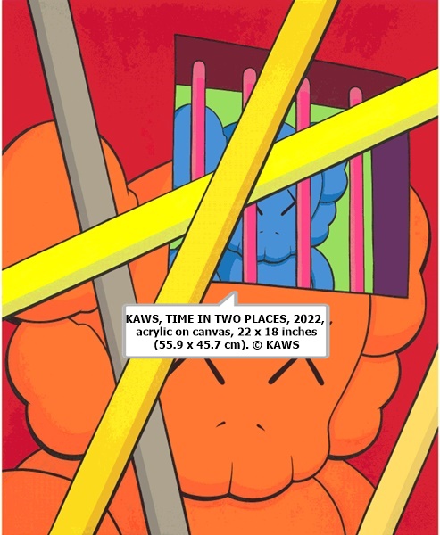 KAWS, TIME IN TWO PLACES, 2022, acrylic on canvas, 22 x 18 inches (55.9 x 45.7 cm). © KAWS