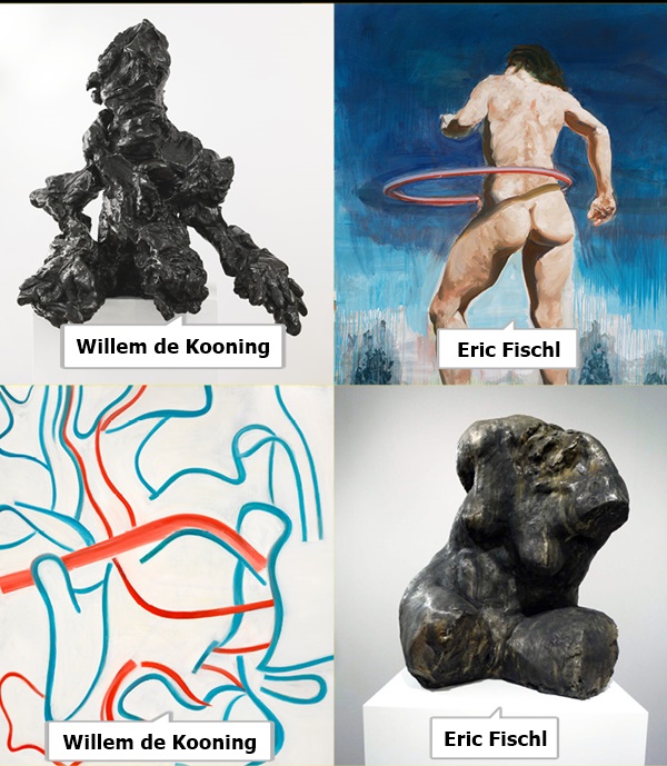  [Top Left]: Willem de Kooning, Large Torso, 1974, bronze, 35 x 31 x 24 in. (88.9 x 78.7 x 61 cm.). © The Willem de Kooning Foundation / Artists Rights Society (ARS), New York and DACS, London 2021. [Bottom Left]: Willem de Kooning, Untitled, 1985, oil on canvas, 88 x 77 in. (223.5 x 195.6 cm.). © The Willem de Kooning Foundation / Artists Rights Society (ARS), New York and DACS, London 2021. [Top Right]: Eric Fischl, American Hula, 2020, acrylic and oil on canvas, 75 x 64 in. (190.5 x 162.6 cm.) © Eric Fischl / Artists Rights Society (ARS), New York and DACS, London 2021. Courtesy of the artist and Skarstedt, New York. [Bottom Right]: Eric Fischl, Torso, 2010, bronze, 38 x 30 x 30 in. (96.5 x 76.2 x 76.2 cm.) © Eric Fischl / Artists Rights Society (ARS), New York and DACS, London 2021. Courtesy of the artist and Skarstedt, New York.