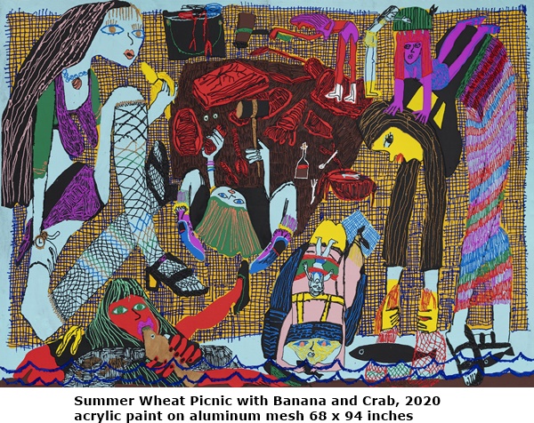 Summer Wheat Picnic with Banana and Crab, 2020
acrylic paint on aluminum mesh 68 x 94 inches