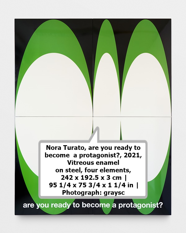Nora Turato, are you ready to become a protagonist?, 2021, Vitreous enamel on steel, four elements, 242 x 192.5 x 3 cm | 95 1/4 x 75 3/4 x 1 1/4 in | Photograph: graysc
