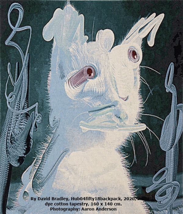 Ry David Bradley, Hub04fifty18backpack, 2020, dye cotton tapestry, 160 x 140 cm. Photography: Aaron Anderson