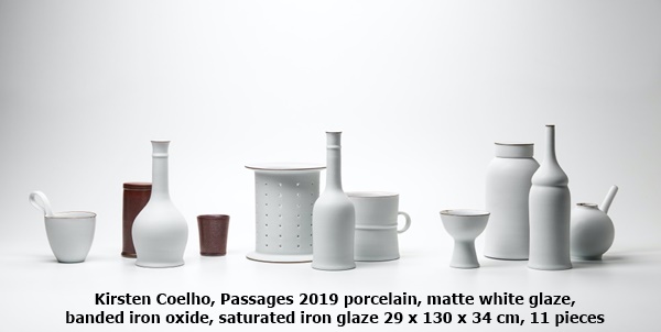 Kirsten Coelho, Passages 2019 porcelain, matte white glaze, 
banded iron oxide, saturated iron glaze 29 x 130 x 34 cm, 11 pieces