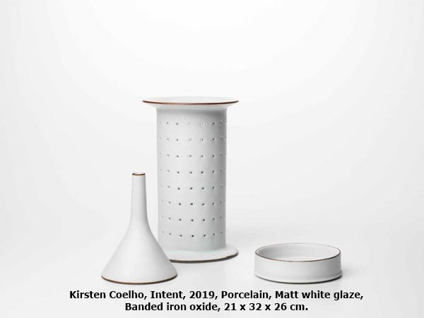 Kirsten Coelho, Intent, 2019, Porcelain, Matt white glaze, 
Banded iron oxide, 21 x 32 x 26 cm.
