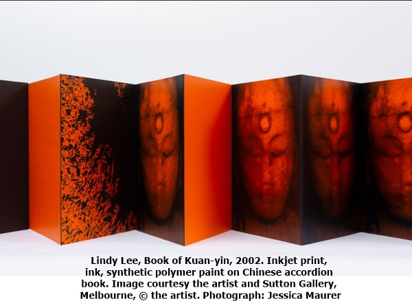 Lindy Lee, Book of Kuan-yin, 2002. Inkjet print, ink, synthetic polymer paint on Chinese accordion book. Image courtesy the artist and Sutton Gallery, Melbourne, © the artist. Photograph: Jessica Maurer 