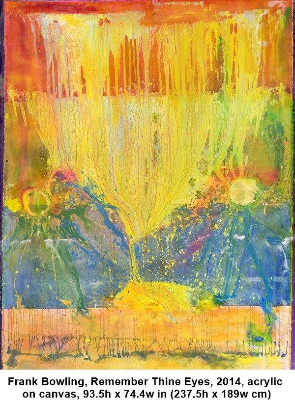 Frank Bowling Remember Thine Eyes, 2014, acrylic on canvas, 93.5h x 74.4w in (237.5h x 189w cm)