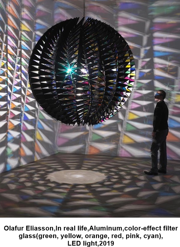 Olafur Eliasson, In real life, Aluminum, color-effect filter glass (green, yellow, orange, red, pink, cyan), LED light, 2019